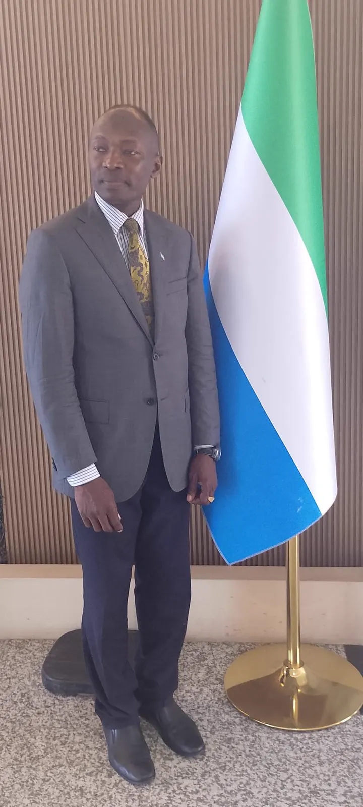 Official portrait of a Forum representative standing beside the flag of Sierra Leone